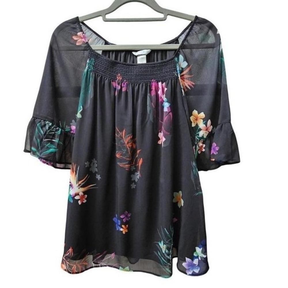 Christopher & Banks Black Floral Sheer Blouse Women's Size S Boho Fairy Feminine
